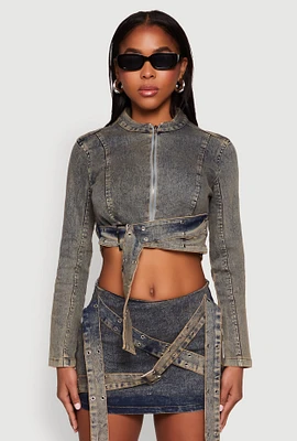 Womens Mineral Wash Buckle Strap Cropped Jean Jacket, Blue, Size S