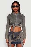 Womens Mineral Wash Buckle Strap Cropped Jean Jacket, Blue, Size S