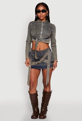 Womens Mineral Wash Asymmetrical Buckle Strap Mini Skirt, Blue, Size L