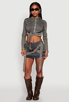 Womens Mineral Wash Asymmetrical Buckle Strap Mini Skirt, Blue, Size L