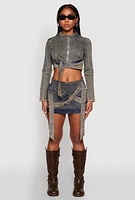Womens Mineral Wash Asymmetrical Buckle Strap Mini Skirt, Blue,