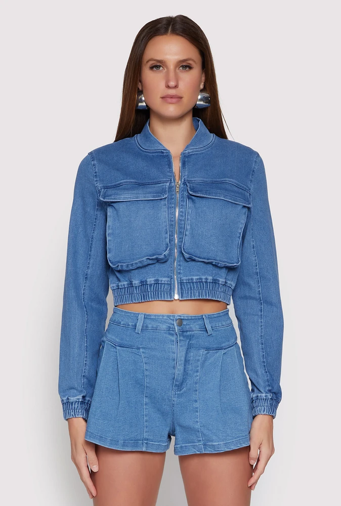 Womens Haute Monde Cargo Pocket Cropped Jean Jacket, Blue,