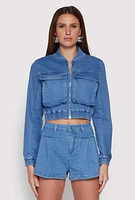 Womens Haute Monde Cargo Pocket Cropped Jean Jacket, Blue,