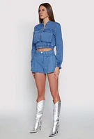 Womens Haute Monde Cargo Pocket Cropped Jean Jacket, Blue,