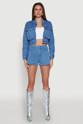 Womens Haute Monde Denim Pleated Shorts, Blue, Size S