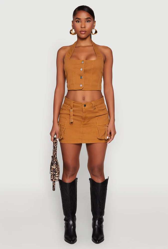 Womens Tabbed Cargo Mini Skirt, Khaki,