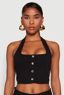 Womens Button Front Cropped Halter Top, Black,