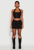Womens Button Front Cropped Halter Top, Black,