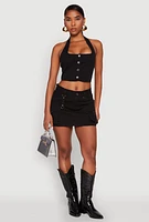 Womens Button Front Cropped Halter Top, Black,