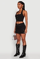 Womens Button Front Cropped Halter Top, Black,