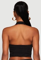 Womens Button Front Cropped Halter Top, Black,