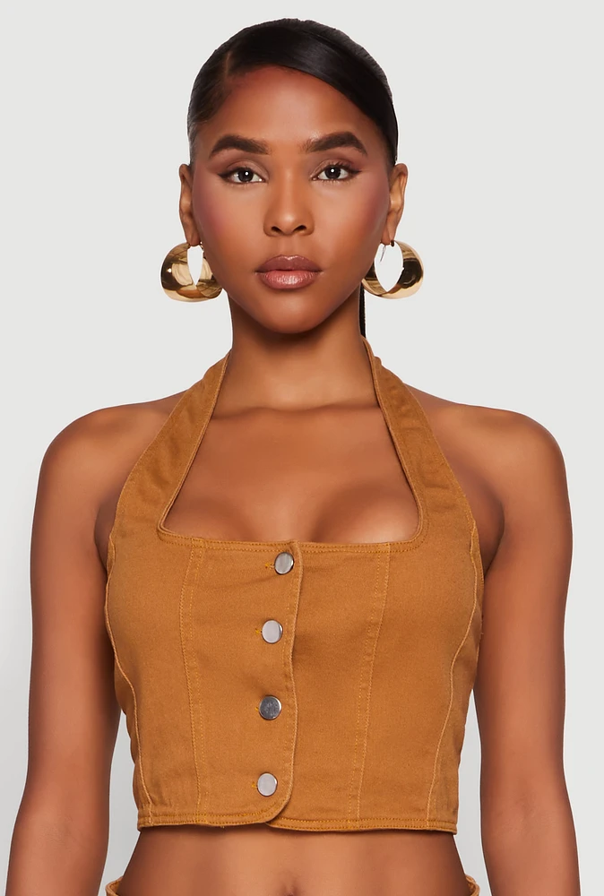 Womens Button Front Cropped Halter Top, Brown, Size S