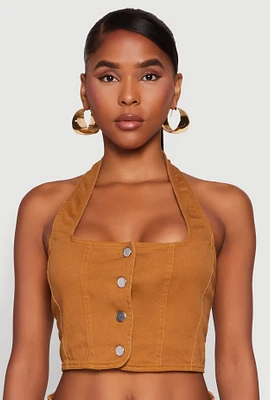 Womens Button Front Cropped Halter Top, Brown, Size S
