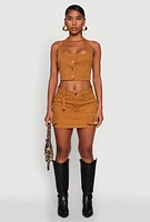 Womens Button Front Cropped Halter Top, Brown, Size S