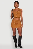 Womens Button Front Cropped Halter Top, Brown, Size S