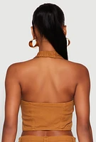 Womens Button Front Cropped Halter Top, Brown, Size S