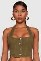 Womens Button Front Cropped Halter Top, Green, Size S