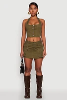 Womens Button Front Cropped Halter Top, Green, Size S