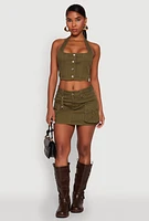 Womens Button Front Cropped Halter Top, Green, Size S