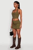 Womens Button Front Cropped Halter Top, Green, Size S