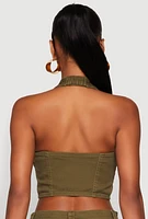 Womens Button Front Cropped Halter Top, Green, Size S