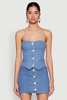Womens Faux Pearl Denim Button Front Vest, Blue,