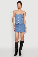 Womens Faux Pearl Denim Button Front Vest, Blue,