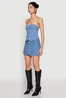 Womens Faux Pearl Denim Button Front Vest, Blue,
