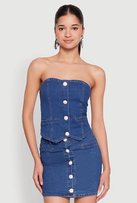 Womens Faux Pearl Denim Button Front Vest, Blue,