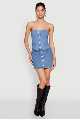Womens Faux Pearl Button Front Denim Skirt, Blue, Size S