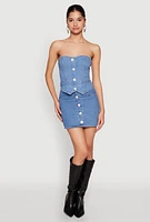 Womens Faux Pearl Button Front Denim Skirt, Blue, Size S