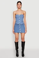 Womens Faux Pearl Button Front Denim Skirt, Blue, Size S