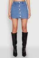 Womens Faux Pearl Button Front Denim Skirt, Blue, Size S