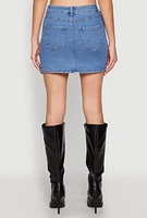 Womens Faux Pearl Button Front Denim Skirt, Blue, Size S