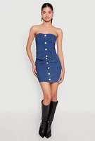 Womens Faux Pearl Button Front Denim Skirt, Blue, Size M