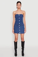 Womens Faux Pearl Button Front Denim Skirt, Blue, Size M