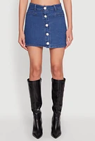 Womens Faux Pearl Button Front Denim Skirt, Blue, Size M