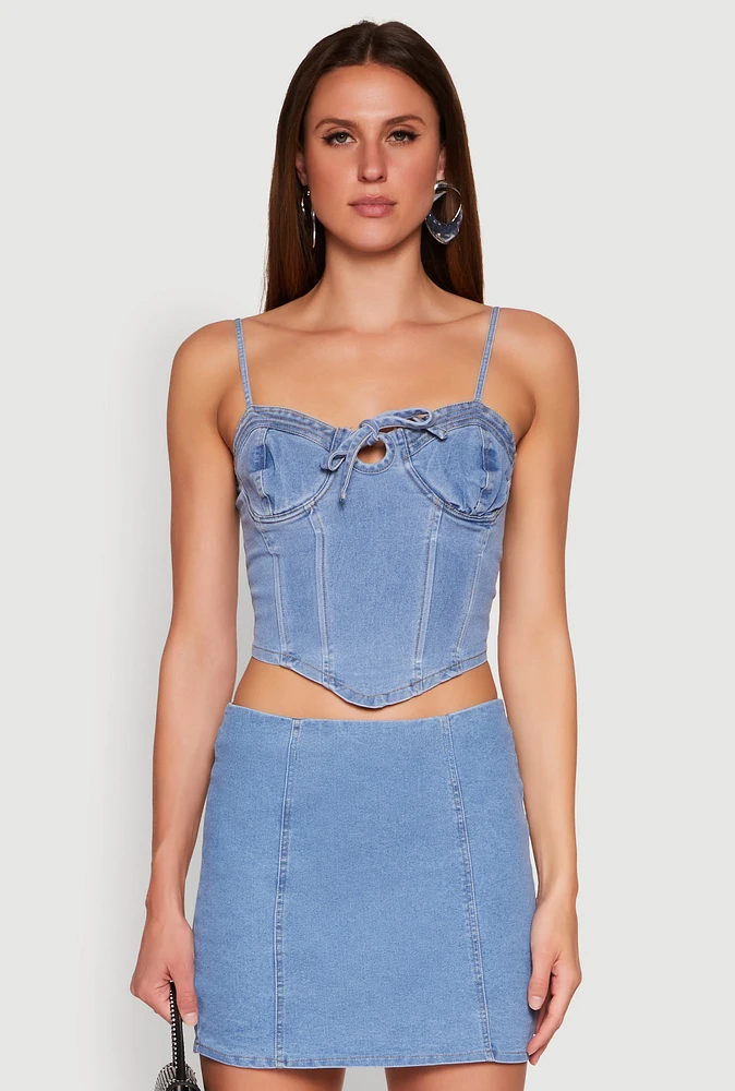 Womens Denim Tie Front Bustier Top, Blue, Size XL