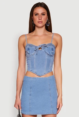 Womens Denim Tie Front Bustier Top, Blue, Size S