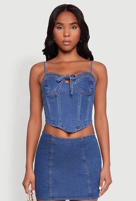 Womens Denim Tie Front Bustier Top, Blue,
