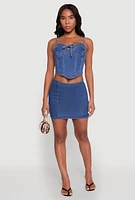 Womens Denim Tie Front Bustier Top, Blue, Size M
