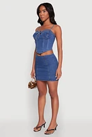 Womens Denim Tie Front Bustier Top, Blue, Size M