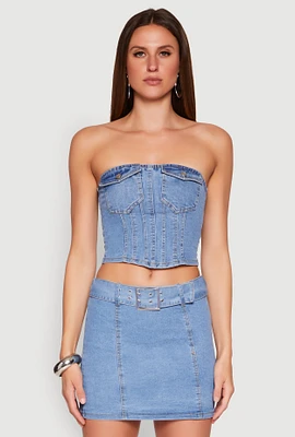 Womens Denim Pocket Corset Tube Top, Blue, Size XL