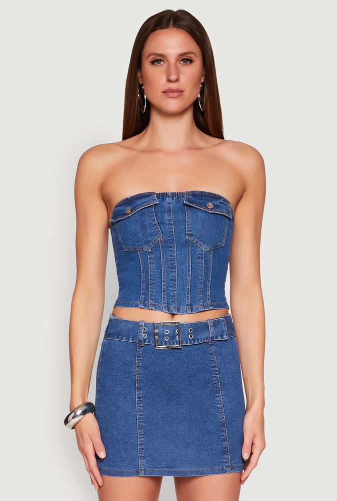 Womens Denim Pocket Corset Tube Top, Blue, Size L
