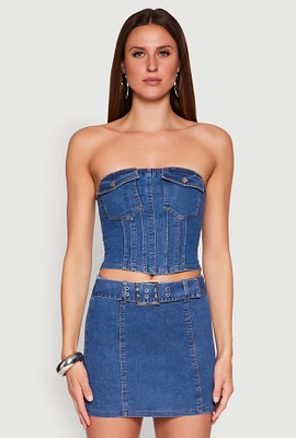 Womens Denim Pocket Corset Tube Top, Blue, Size L