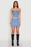 Womens Zip Back Belted Front Denim Mini Skirt, White, Size XL