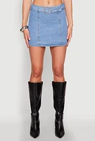 Womens Zip Back Belted Front Denim Mini Skirt, White, Size XL