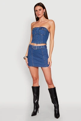 Womens Zip Back Belted Front Denim Mini Skirt,