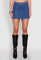 Womens Zip Back Belted Front Denim Mini Skirt,