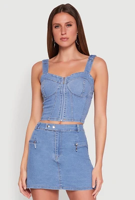 Womens Denim Zip Front Bustier Top, Blue, Size M